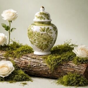 Vintage Japanese Porcelain Ginger Jar Green Floral Gold Gilt Hand Painted 6"